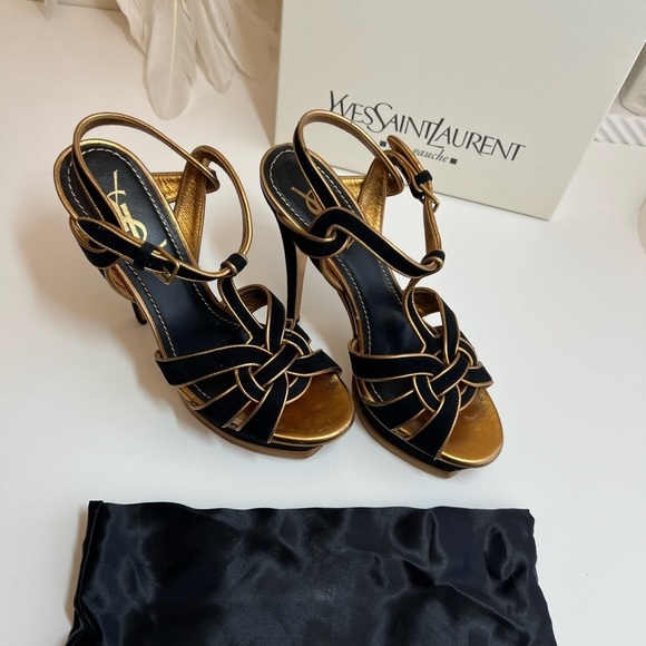 Yves Saint Laurent YSL Suede Black Gold Cutout Accent T-Strap Sandals - Picture 3 of 13